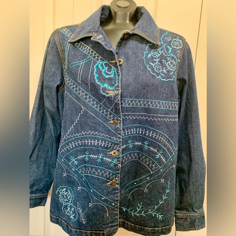 Tradition Country Collection Vintage Denim Jean Jacket Embroidered Sz XL Sequins - Picture 13 of 15
